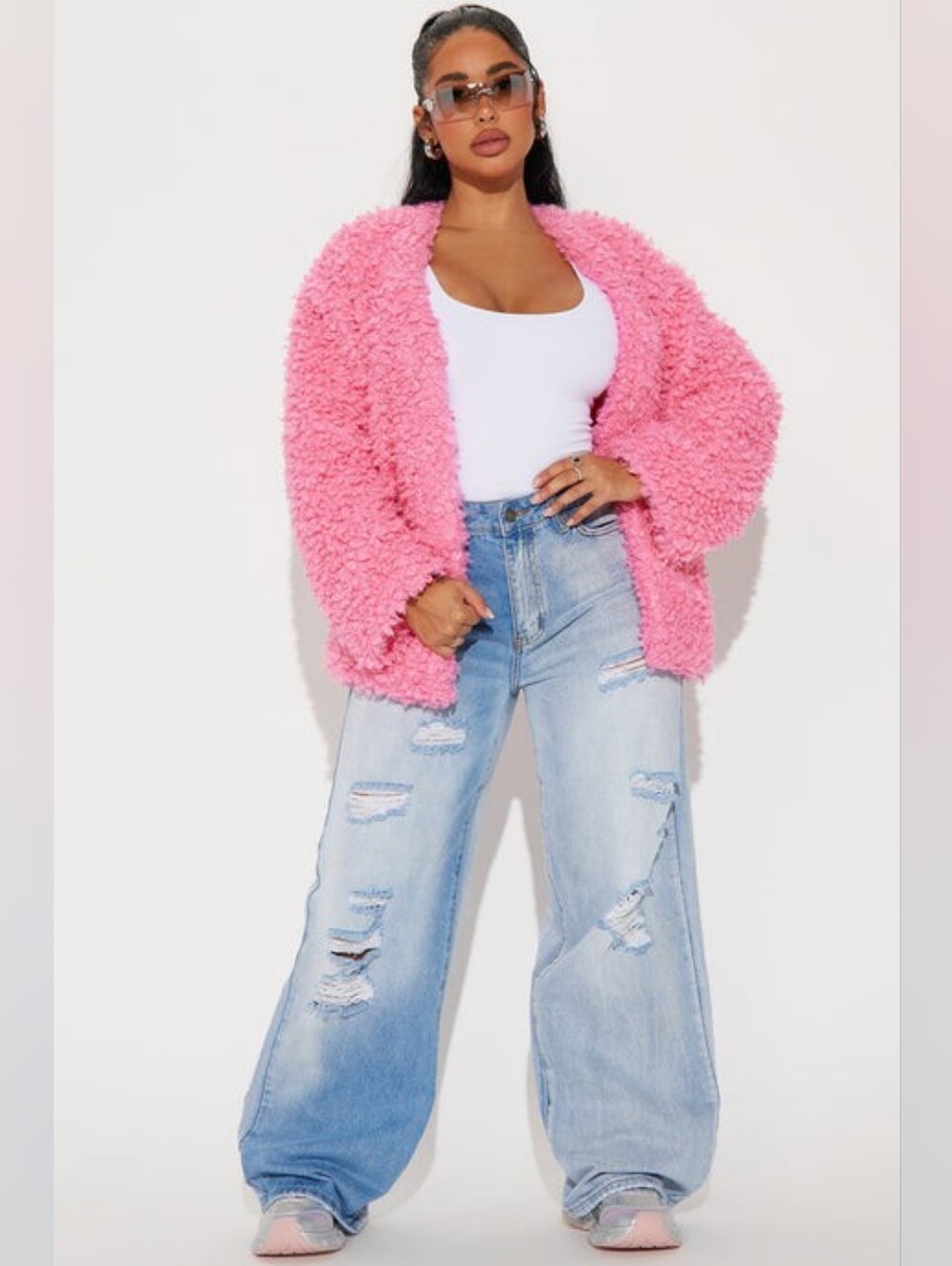 Pink Faux-Shearling Open-Front Jacket With Pockets - Picture 2 of 8
